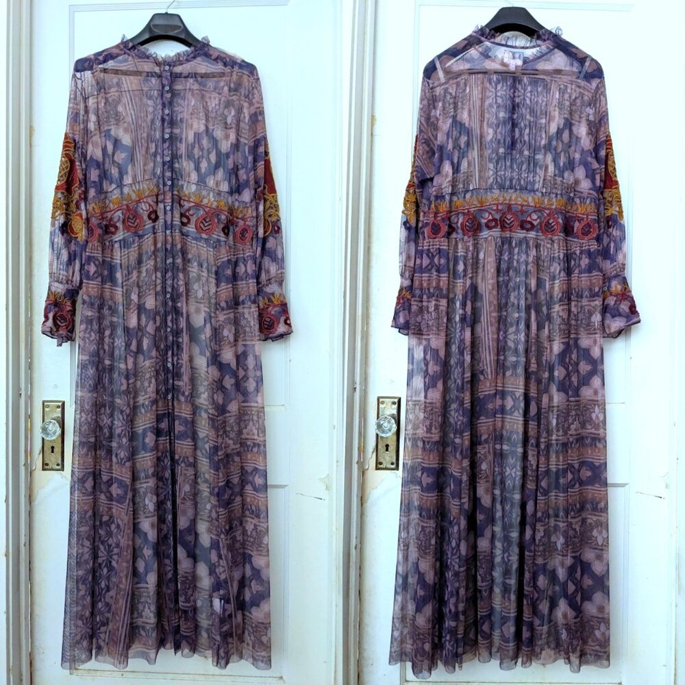 Johnny Was Sheer Boho Maxi Dress in Purple with Red and Gold Accents - Picture 4 of 15